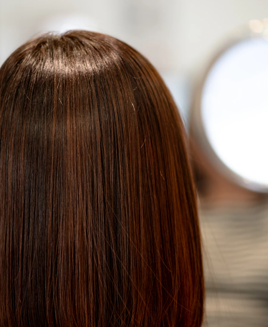 Pelo castaño liso y brillante, de espaldas
